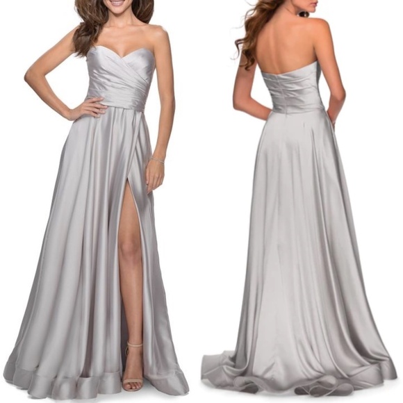 NWT La Femme 28608 Pleated Bodice Strapless Satin Gown in Silver Sz. 16 - Picture 1 of 3